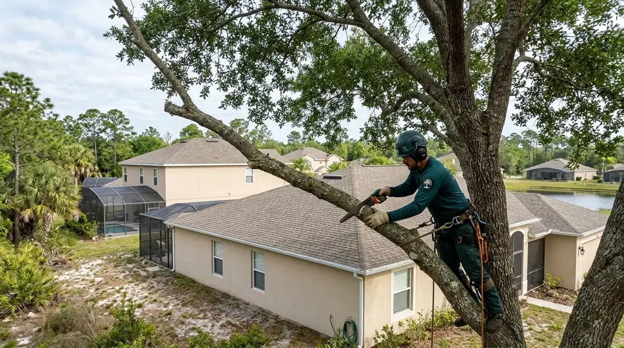 Hurricane tree prep in Kissimmee: climber reducing a heavy laurel oak limb over a stucco home before storm season