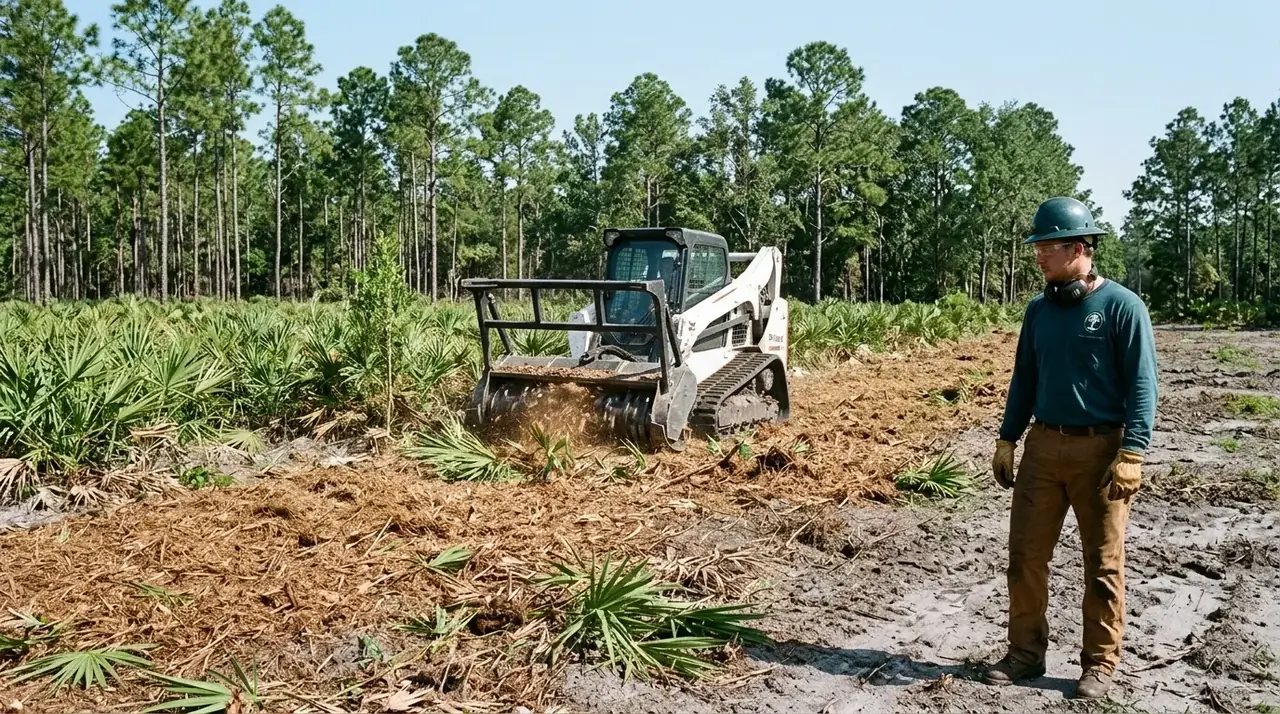 Mulching machine clearing saw palmetto and pines on a flatwoods lot in Narcoossee