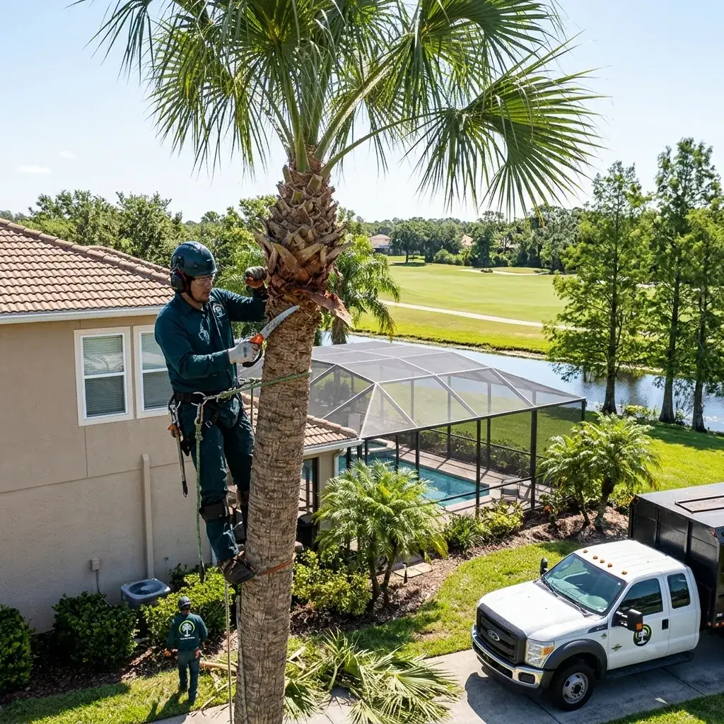 Climber trimming queen palms beside the pool of a ChampionsGate vacation rental