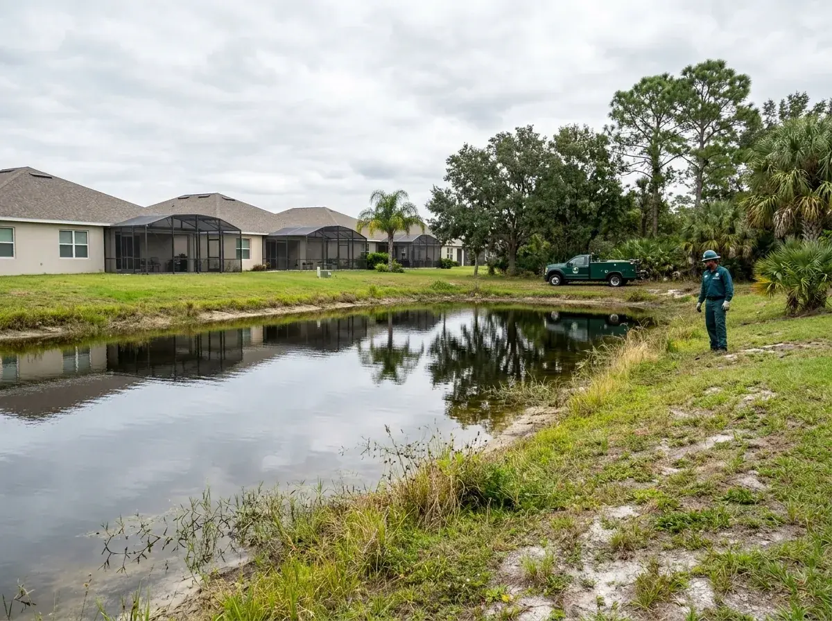 Oaks and pines along a retention pond behind homes in a Kissimmee subdivision