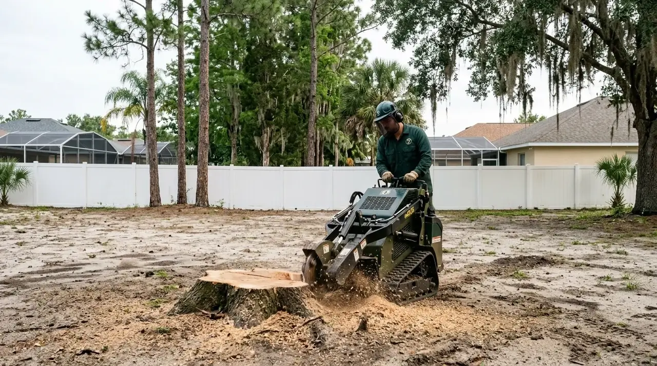 Stump grinding in Kissimmee: compact grinder chewing an old oak stump below grade in a sandy backyard