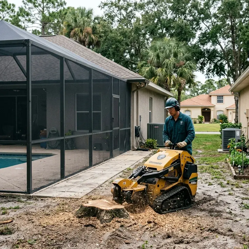 Compact stump grinder removing a stump next to a pool deck in St. Cloud, FL