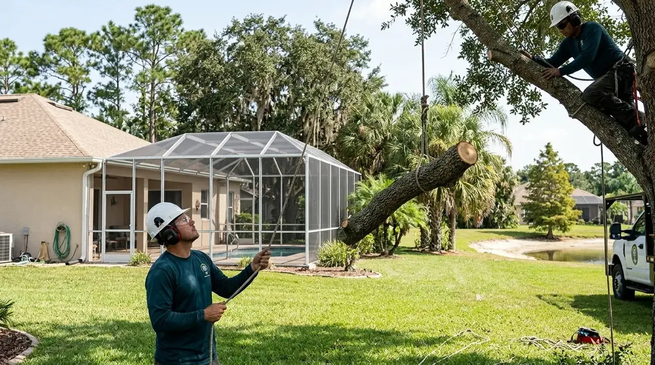 Kissimmee tree removal crew lowering a laurel oak limb on a rope beside a screened pool cage