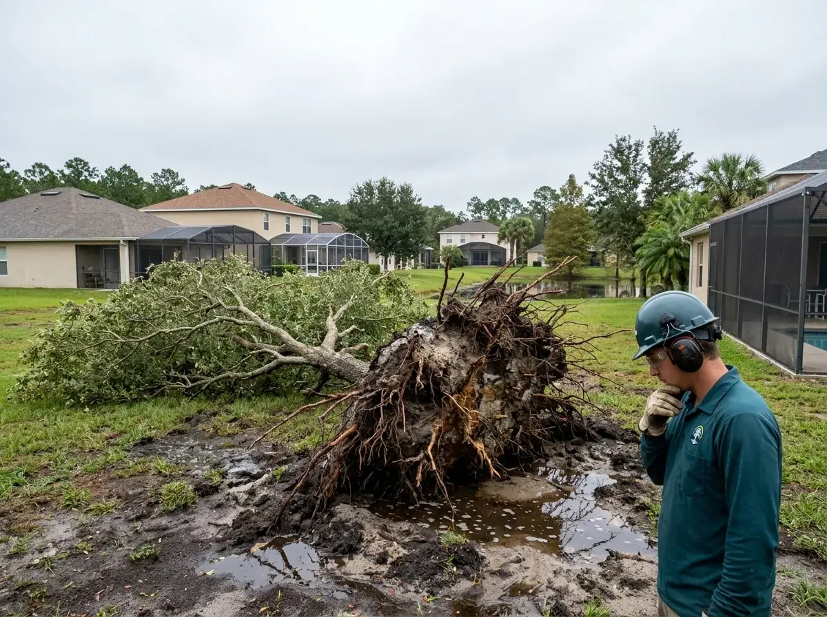 Kissimmee tree service crew assessing an oak that tipped over with its shallow root plate in a waterlogged yard