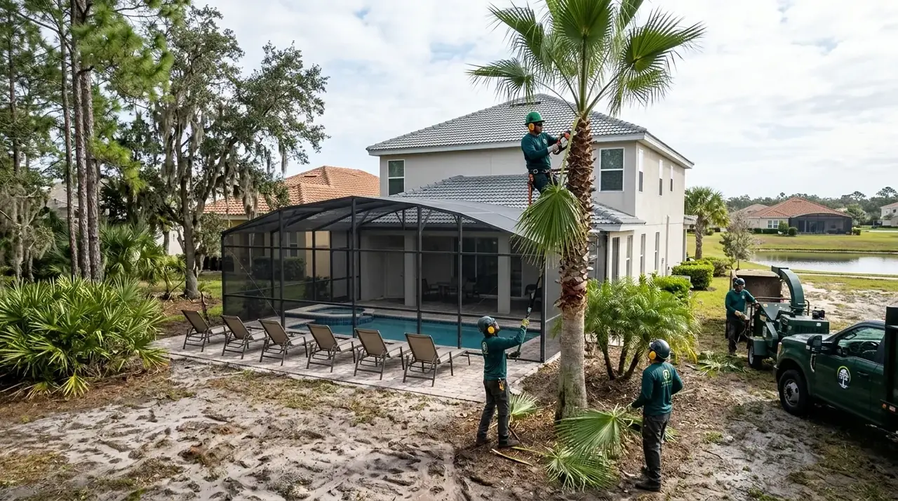 Vacation rental tree service near Kissimmee: crew trimming palms beside a resort-home pool in ChampionsGate, FL